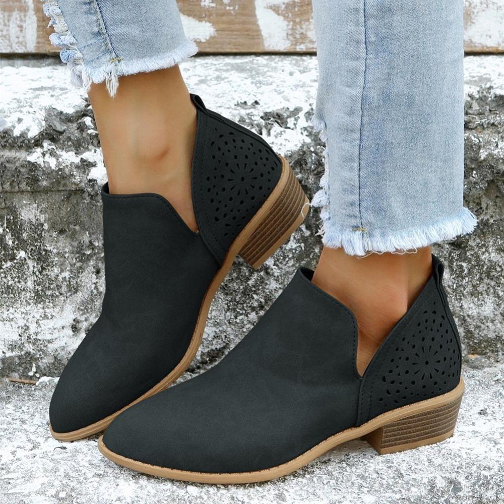 Женские ботильоны с V-образным вырезом до щиколотки, туфли с массивным каблуком и острым носком с вырезами, женская обувь