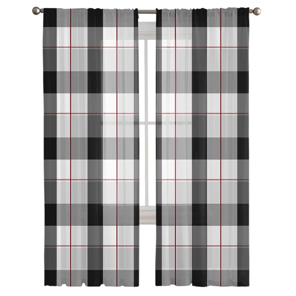 Black Grey Plaid Tulle Curtains For Living Room Bedroom Modern Chiffon Sheer Kitchen Curtains