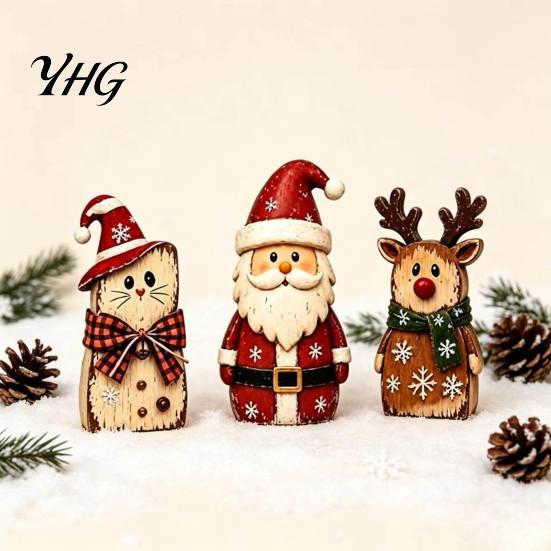 Vintage Santa Claus Elk Cat Figurines Christmas Wooden Tabletop Figurine, Hand Painted Reindeer Decor, Rustic Festive Crafts Wood Holiday Statues for