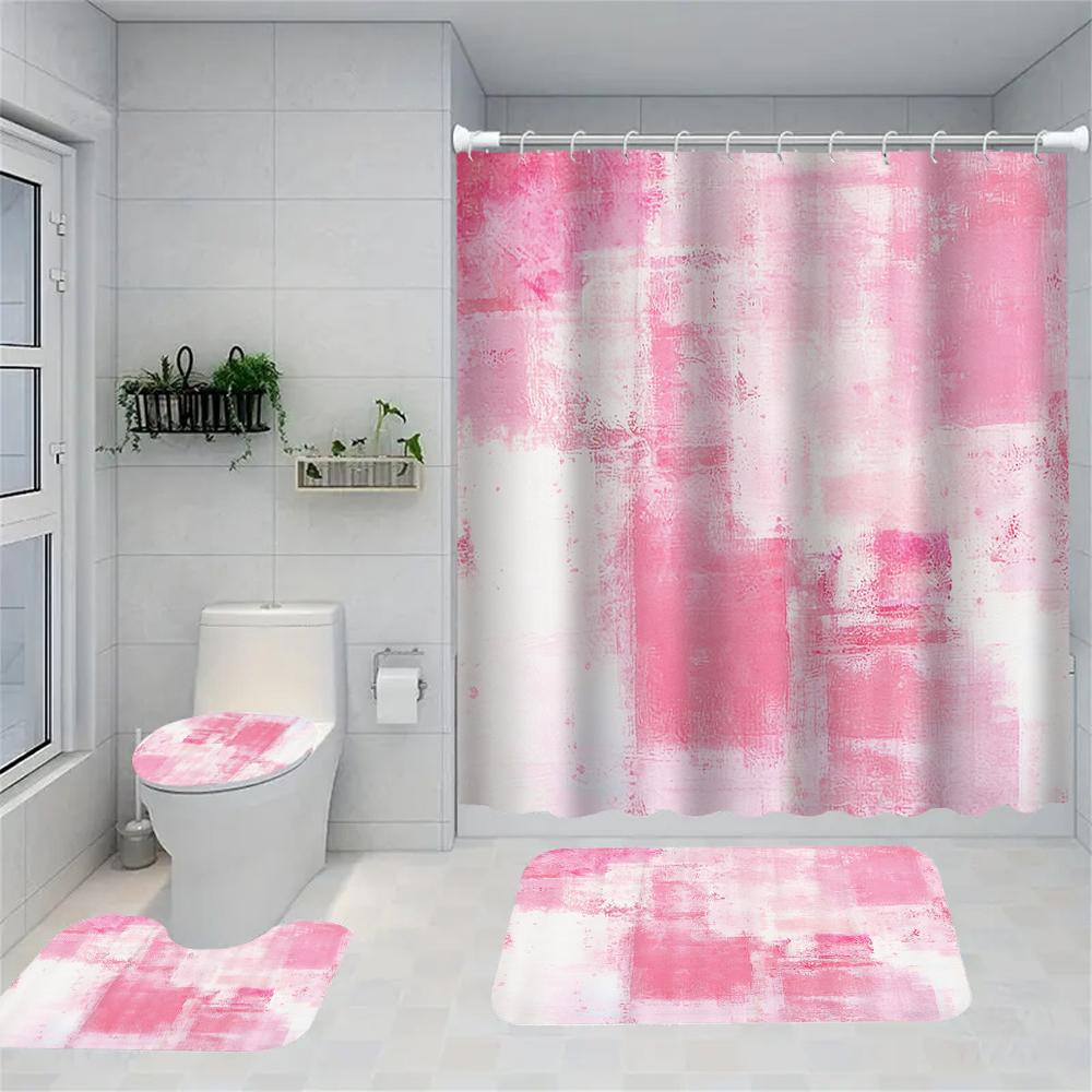Pink Rose Shower Curtain Set With Toilet Lid Cover And Bath Mat 70.8x70.8 Inches Bathroom Decor