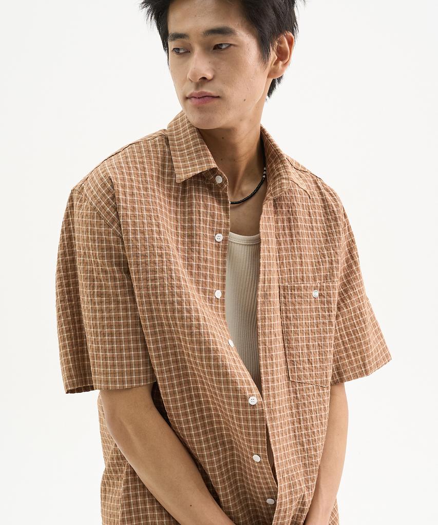 TRIP LE SENS Washable Layered Check Half Shirt_Sand Brown (Type B)