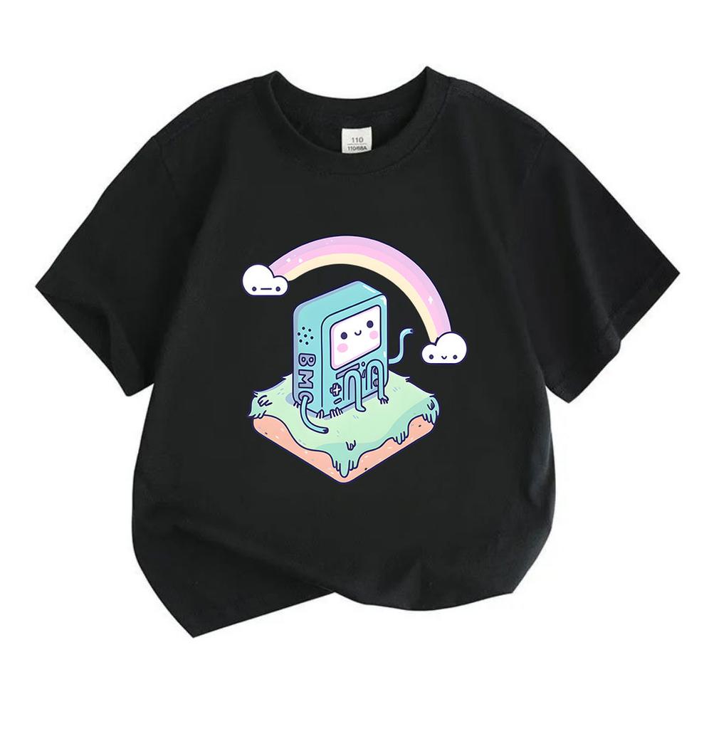Kids Boys Girls 100% Cotton Short Sleeve Crew Neck T-Shirt, Cute Adventure Game Console BMO Character Print Casual Soft Tee for Daily Wear
