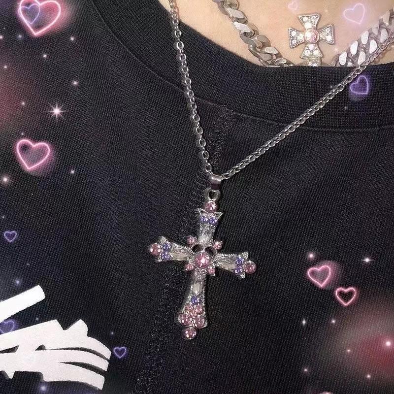 Rhinestone Pendant Cross Necklace Trendy Alloy Jewelry Women Decoration Gift