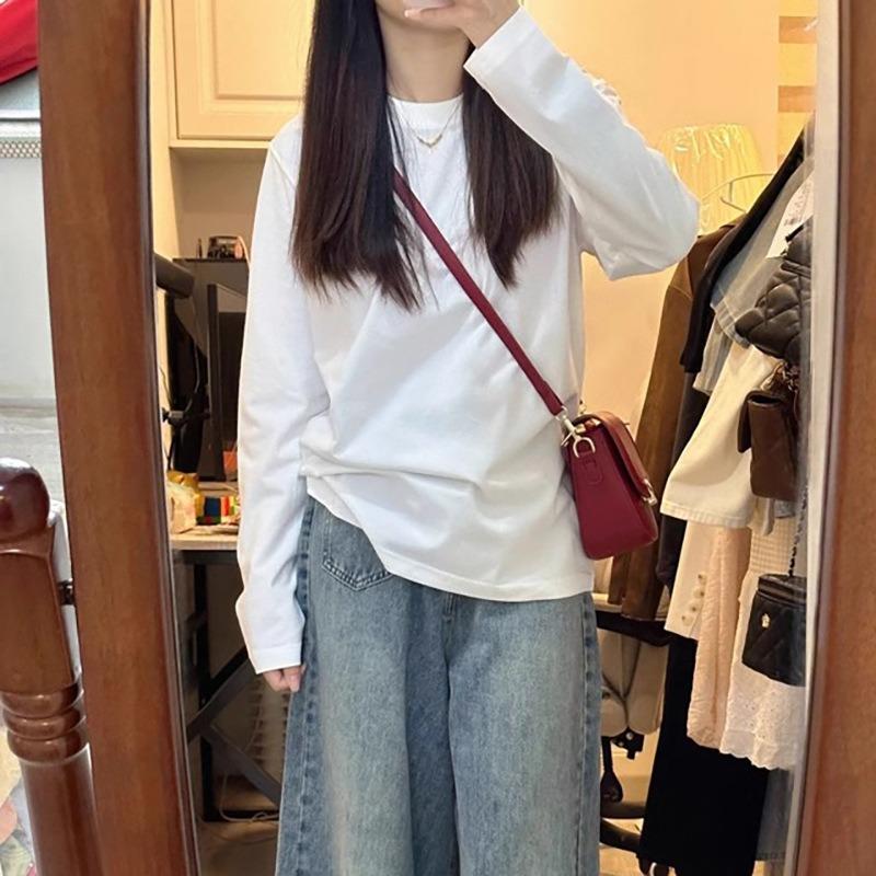 Белая базовая футболка женская из чистого хлопка, весенний простой повседневный топ с длинным рукавом для ношения под одеждой, теплая футболка из немецкого бархата с наплечниками
