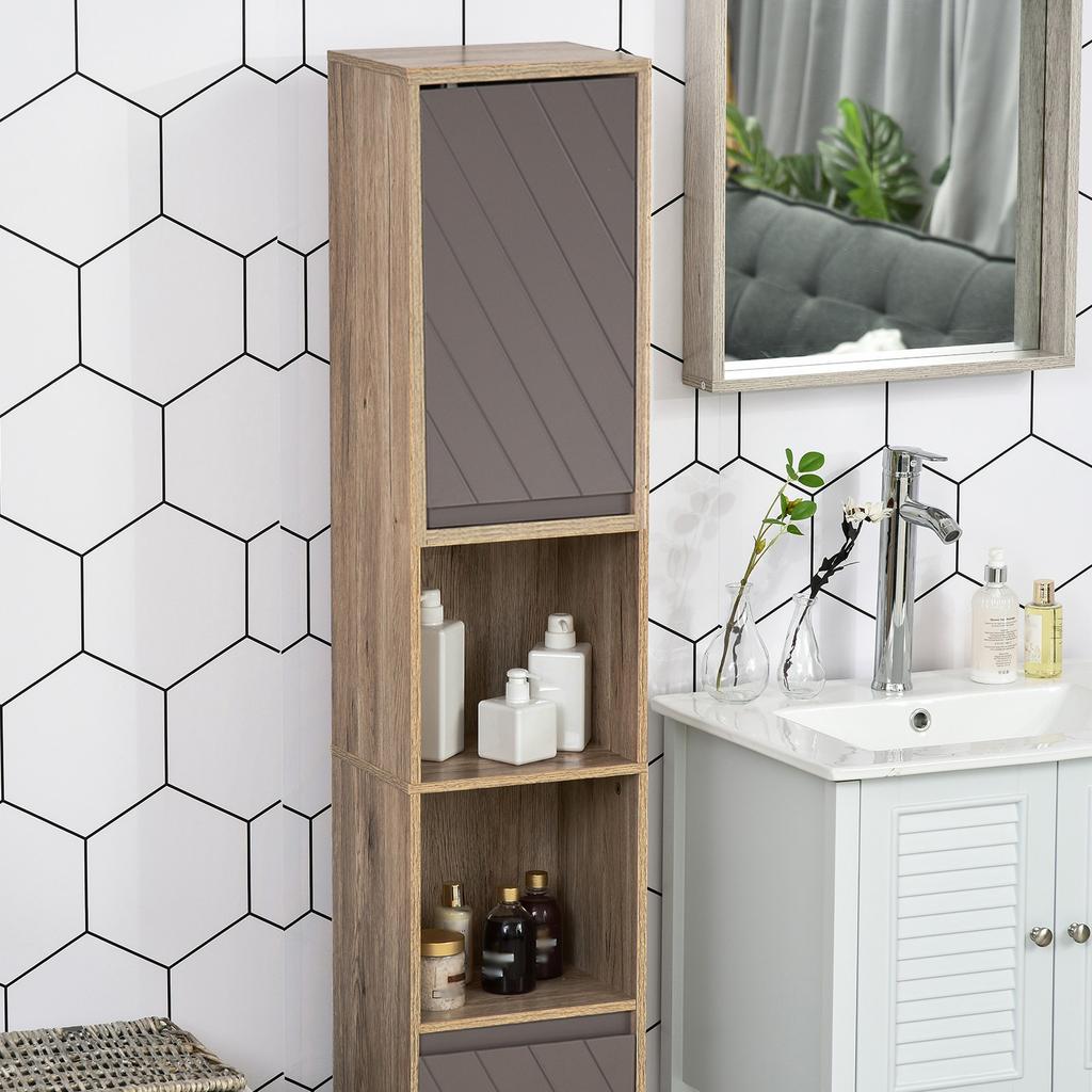 Cozy style bathroom storage column unit, 30 x 24 x 170 cm, 2 doors, shelf, 2 niches, light oak grey