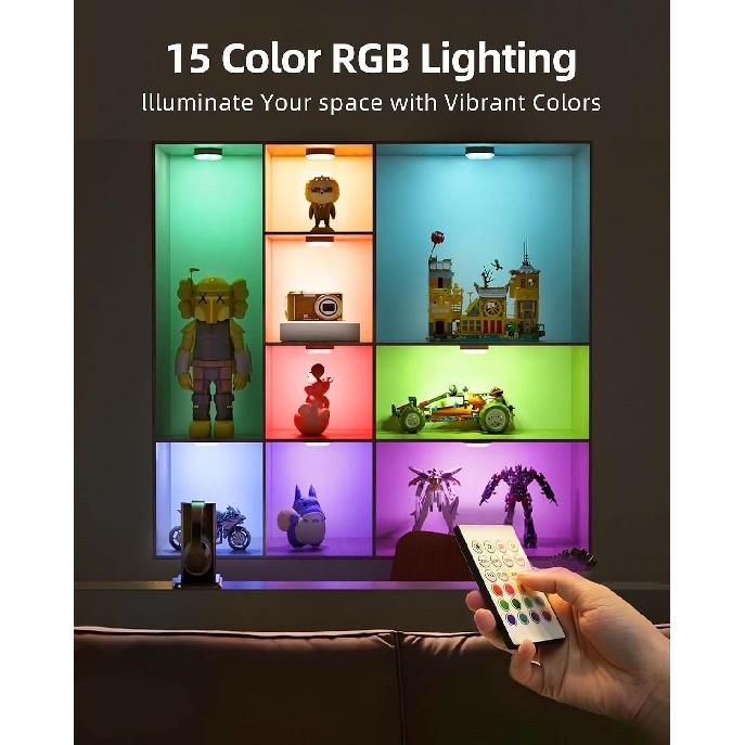 EZVALO RGB Under Cabinet Puck Lights with Remote, Motion Sensor Lights | 6-Pack with Remote, Rechargeable, Wireless, 3 Color Temps, 12 RGB Colors,