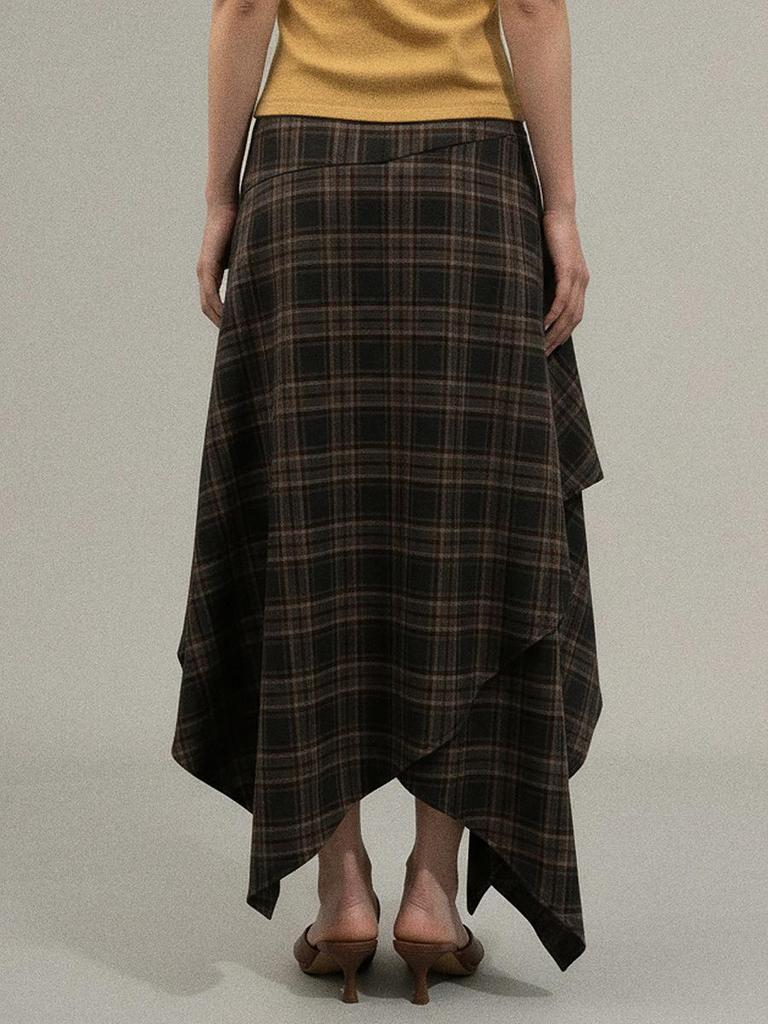 Ge Ming Women's Retro High-Waist Irregular Plaid Mid-Length Skirt for Spring, W442C