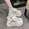 Fashion 8CM Air Mesh Synthetic Leather Bling Casual Vulcanize Hollow Summer Chunky Sneakers Platform Wedge Flats Women Shoes