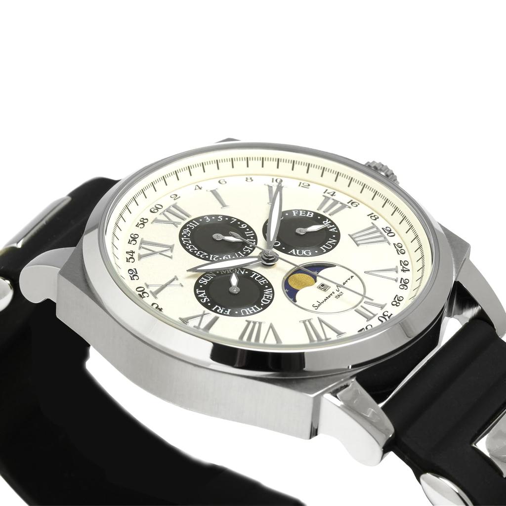 Часы Moon Phase Multi Calendar 5 ATM Водонепроницаемые Деловые Формальные Резиновый Ремень Ограниченная Модель Белый Серебристый [Salvatore Mara] Мужские SM22105R-SSWHBK