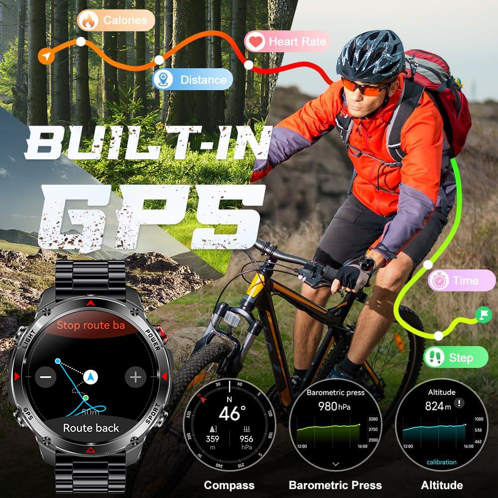 Новые Профессиональные Спортивные Умные Часы с GPS для Мужчин 1.46" AMOLED Экран 3ATM Компас Фитнес-трекер Военные Умные Часы