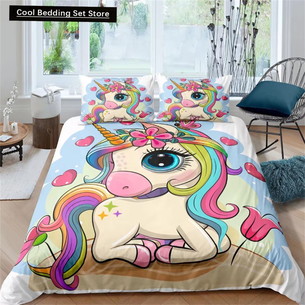 Детские комплекты постельного белья, подарки, комплекты пододеяльников с принтом единорога и красочной лошади для детей, девочек и мальчиков, 2/3 шт., розовые одеяла