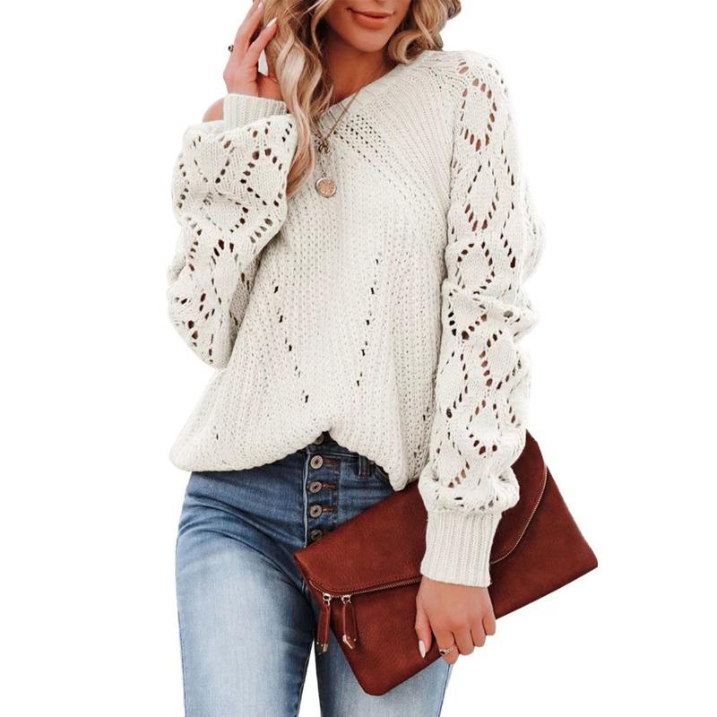 Solid Color Loose Top Women's Plus Size Autumn and Winter Hollow Floral Round Neck Sweater