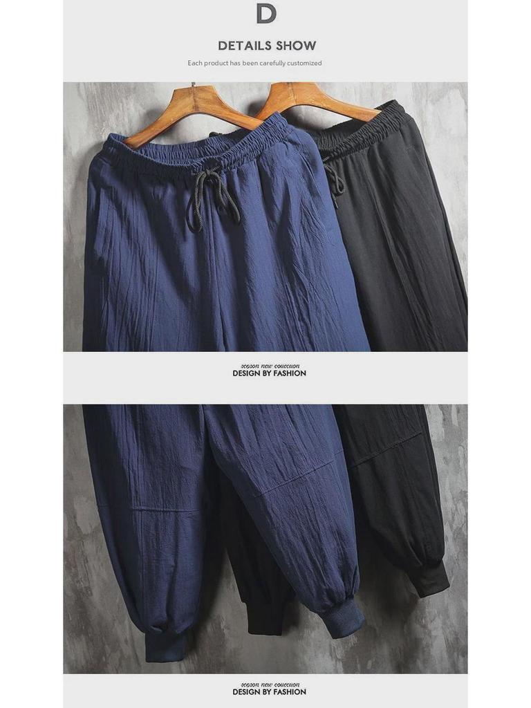 Men's Spring/Summer Cotton Linen Wide-Leg Harem Pants with Loose Cuffs and Trendy Tight-Fit Lantern Design