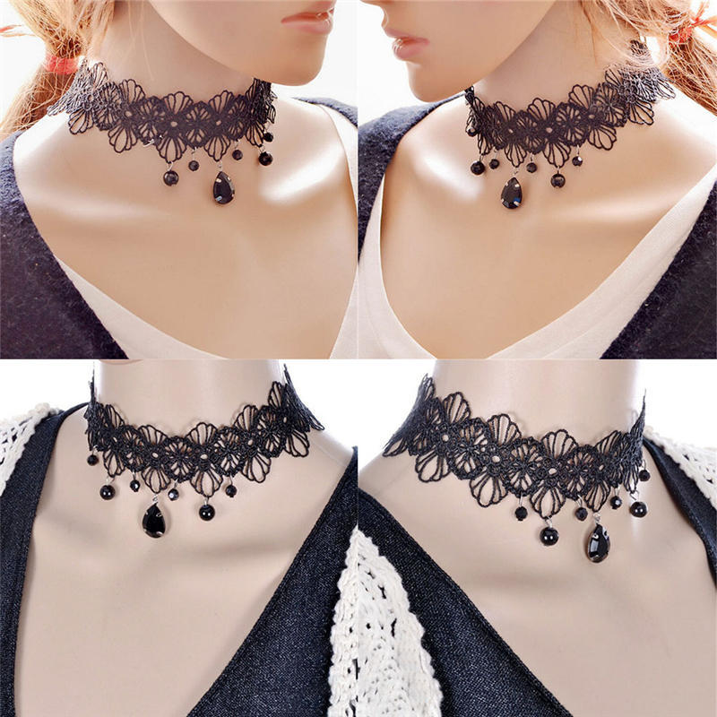 Fashion Gothic Black Lace Retro Choker Collar Flower Pendant Necklace Jewelry