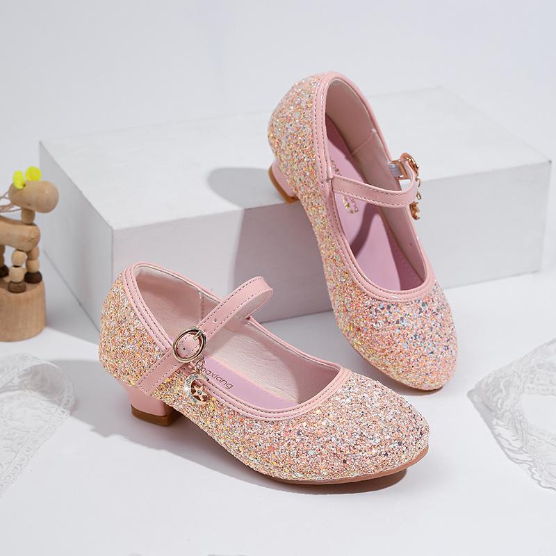 Children's high heels, new fashion styles for girls, pink sequined performance shoes for students, and formal shoes for little girls and flower girls