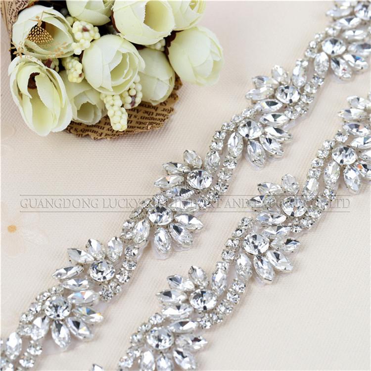 High Quality Fancy Applique Design Sash Shape Beaded Silver Crystal Rhinestone Applique Trims