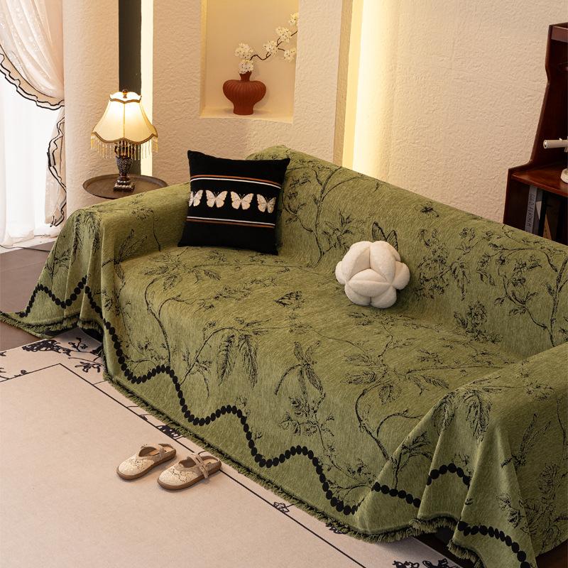 French Wave Striped Sofa Towel Plant Flower Pattern Chenille Settee Mat All Season UseAnti Cat Scratch Anti Slip Home Decoration