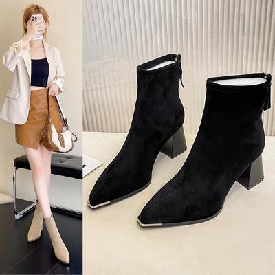 Черные французские короткие сапоги на высоком каблуке женские 2025 новые ретро металлические квадратный носок толстый каблук тонкие сапоги задняя молния модные сапоги