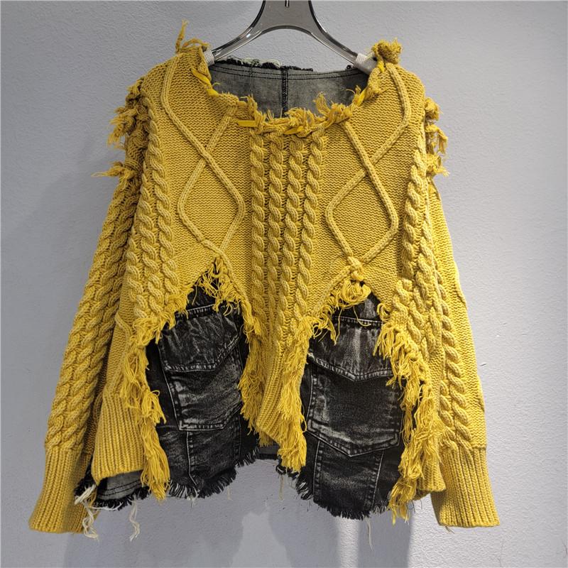 Женский пуловер неправильной формы с эффектом состаривания, пэчворк, карманы, винтажный выстиранный деним