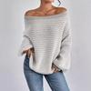 Versatile Knitted Top One-Row Neck Lace-Up Style Sweater Loose Fit Striped Lantern Sleeve Tops