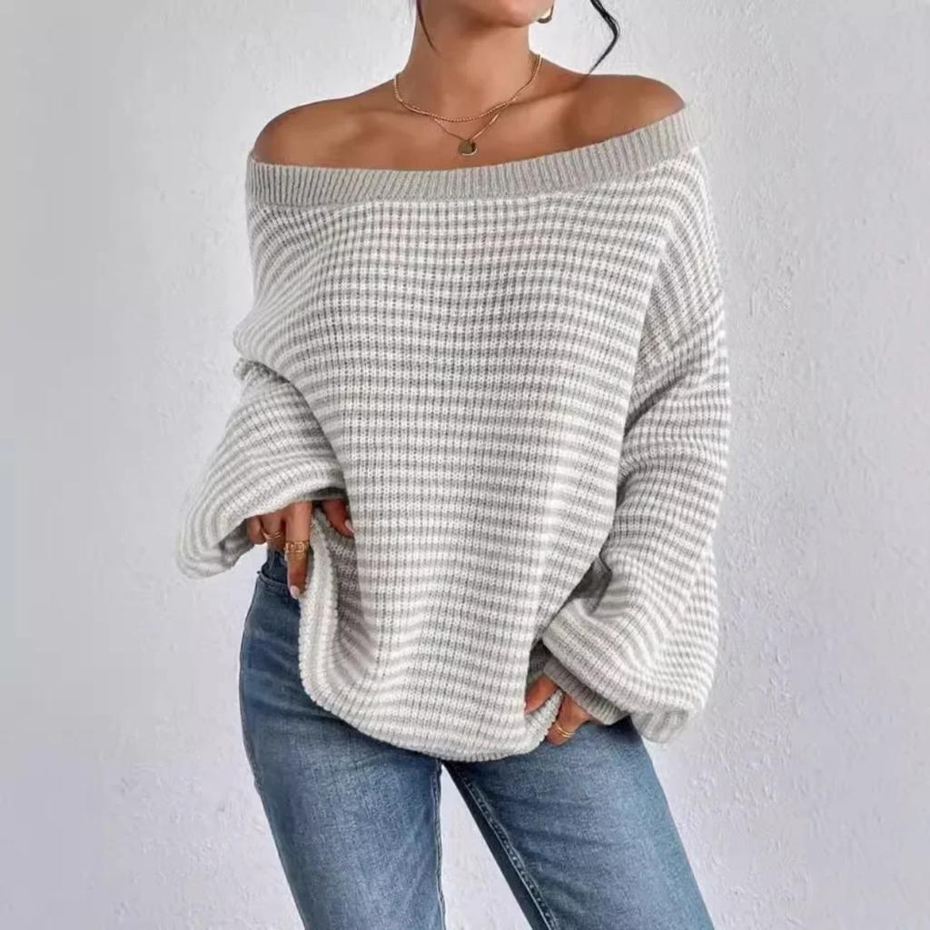 Versatile Knitted Top One-Row Neck Lace-Up Style Sweater Loose Fit Striped Lantern Sleeve Tops
