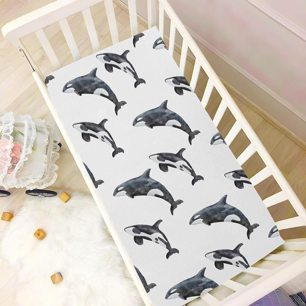 Crib Sheets for Boys Girl Orca Killer Whale Breathable Mini Crib Mattress Sheets Fitted,Toddler Baby Sheets for Crib Mattress 39 * 27 * 5In