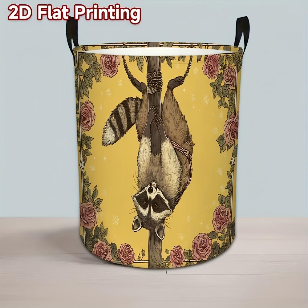 1pc, Cute Raccoon And Pink Rose Laundry Basket, Foldable Clothes Basket with Raccoon Pattern on Branches, 2D Flat Storage Basket, Laundry Baskets