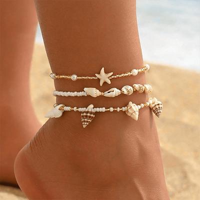 3 шт. Браслет на ногу из ракушек и морских звезд с бусинами, в океанском стиле, женский браслет на ногу, из ракушек, с белыми круглыми бусинами, многорядный набор браслетов на ногу, из стекла