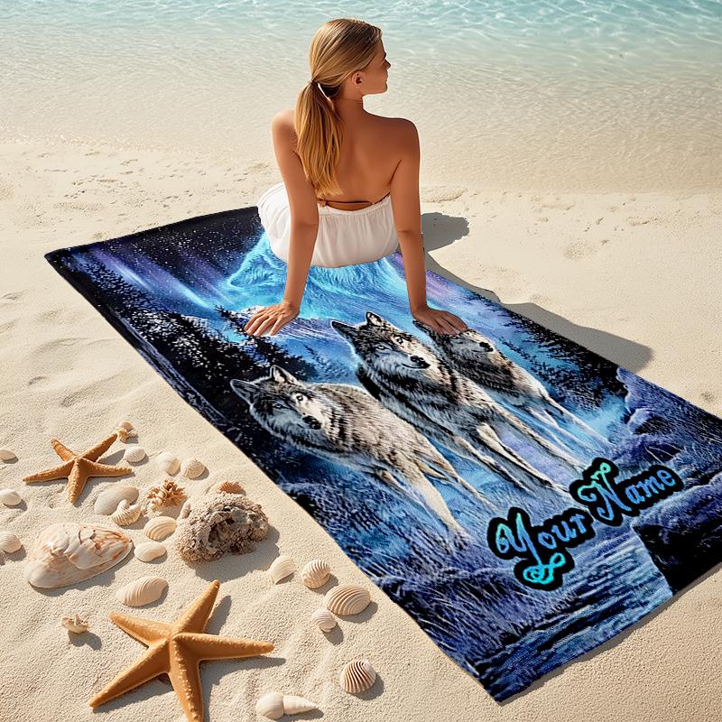 1PC Custom Name Wolf Pack Moonlit Journey Beach Towel Highly Absorbent And Sand-Resistant Towel for Swimming, Pool, Yoga, And Travel Lightweight