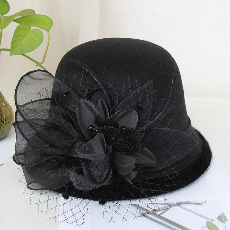 Woolen hat female autumn and winter British celebrity feather mesh yarn dome top hat casual versatile bucket hat basin hat tide