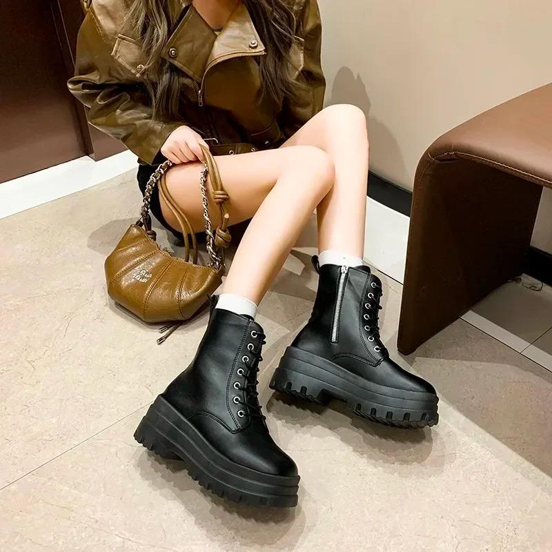 2026New Boots for Women Fashion Thick Sole High Heel Boots Lace Up Platform Boot Side Zip Ankle Boot Classic Black Leather Botas