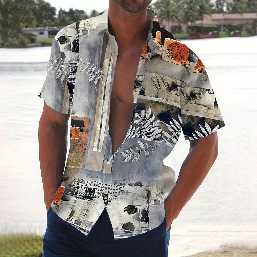 Men's Summer New Loose Print Short Sleeve Shirt Cardigan Beach Shirt