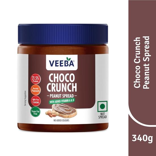 VEEBA Choco Peanut Spread Crunchy | Высокобелковый | Натуральный безглютеновый | Без трансжиров | Веганский | Без добавления консервантов | 340 г |с мелким какао