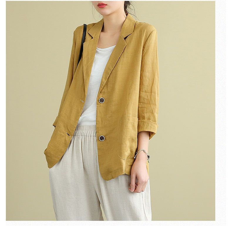 Женский пиджак из хлопка и льна, свободный повседневный костюмный топ с длинными рукавами