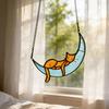 Cat On Moon Hanging Ornament Stained Glass Window Hanging Suncatcher Acrylic Panel Wall Art Memorial Gift for Women Wife Mom Cat Lovers