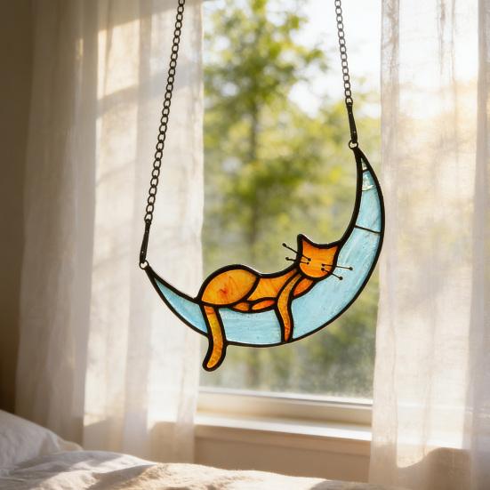 Cat On Moon Hanging Ornament Stained Glass Window Hanging Suncatcher Acrylic Panel Wall Art Memorial Gift for Women Wife Mom Cat Lovers
