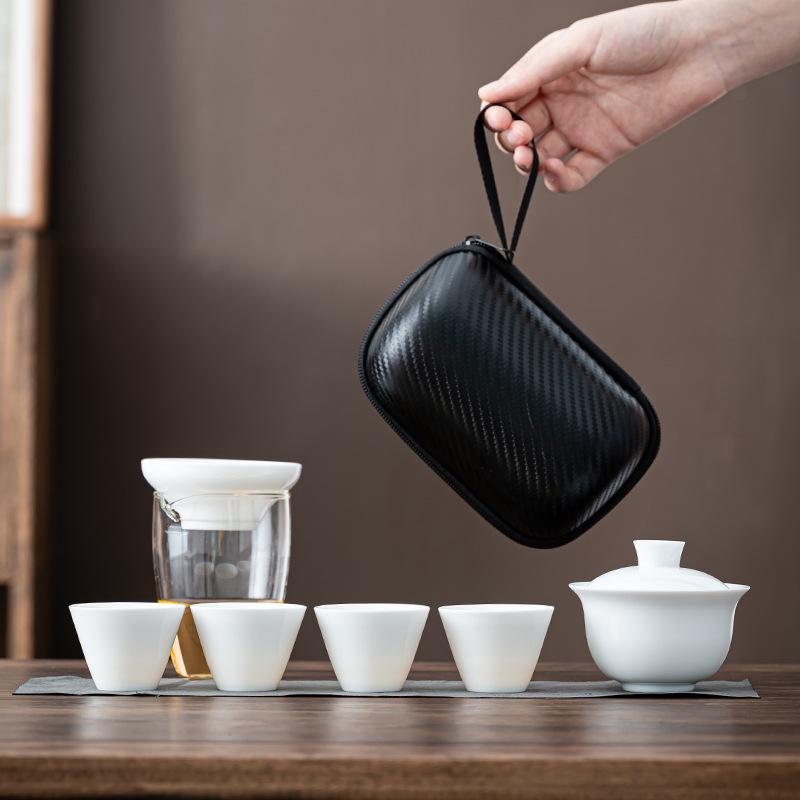 Белый фарфоровый чайный набор, портативная экспресс-чашка, один чайник, четыре чашки, портативный чайник, маленький набор чайных чашек, походный дорожный чайный набор