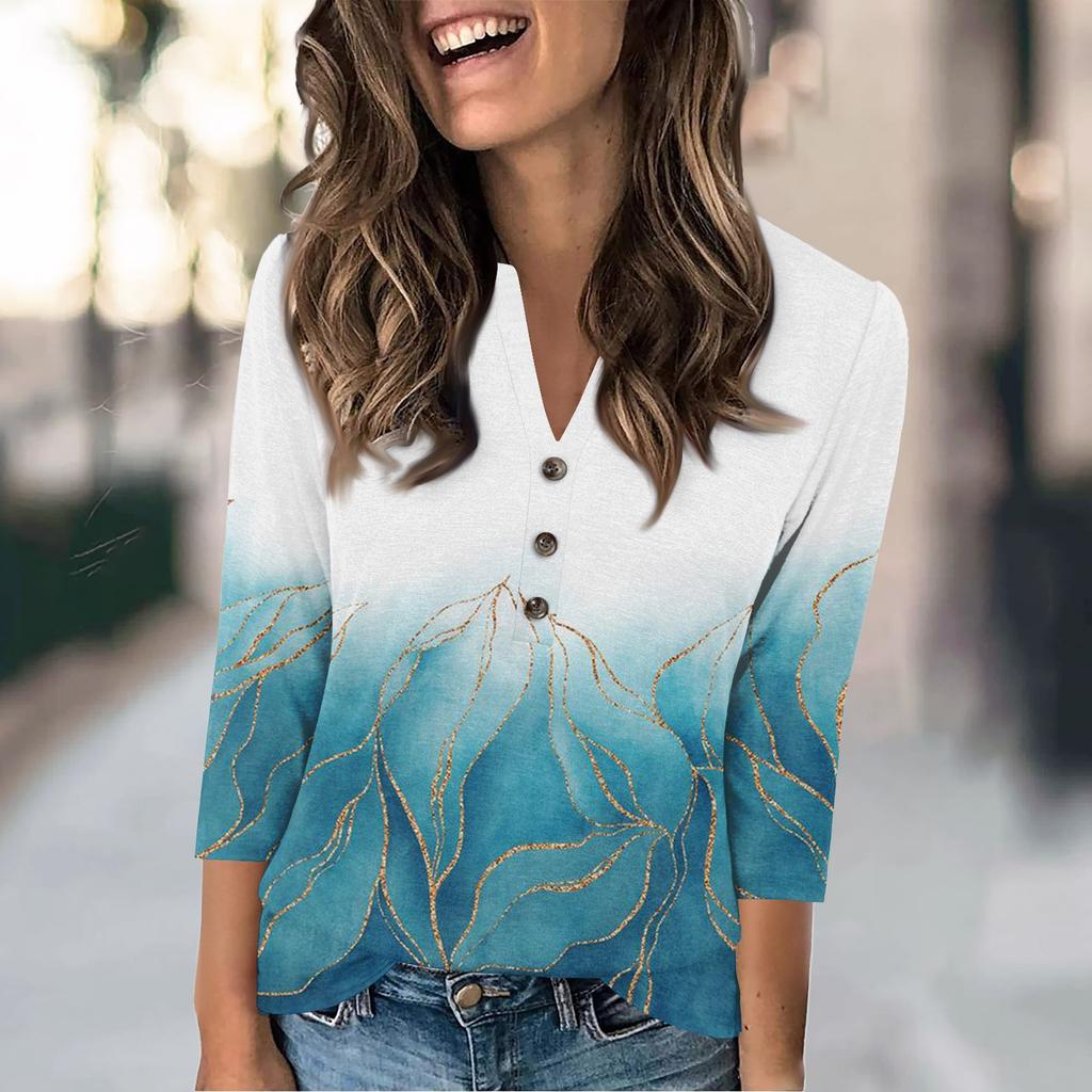Women's Fashion Casual Loose 3/4 Sleeve Printed Round Neck Top