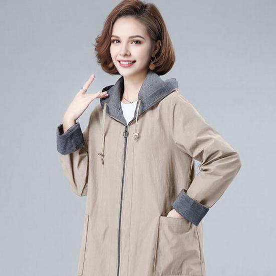 Весна Осень Женская куртка с капюшоном, длинными рукавами, завязками на шнурке, карманами больших размеров, застежкой-молнией, ветровка средней длины