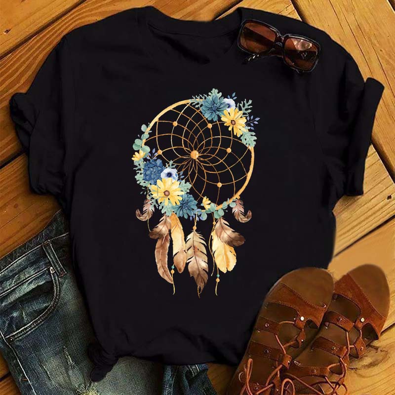 Maycaur Women Summer Short Sleeve Dreamcatcher Feather 3D Print Lady T-shirts Top T Shirt Tee T-Shirt