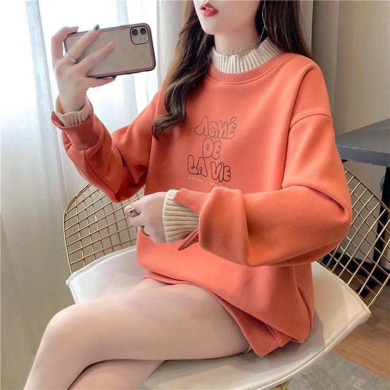 Sweatshirt Women Autumn Thickened Warm Loose Fake Two Piece Tops Half High Neck Hoodless Pullover Top