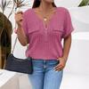 Solid Color Zipper Short Sleeve Casual Pullover T Shirt Women Loose Clothes Fashion Female Tee V-Neck Streetwear Plus Size Tops