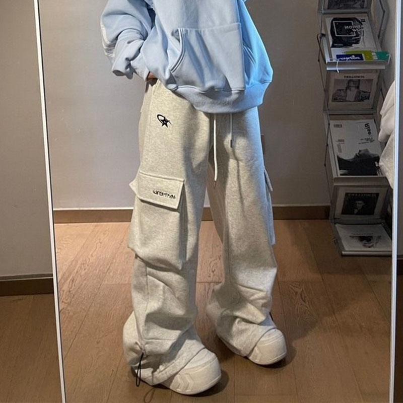 Женская одежда, винтажные мешковатые спортивные штаны, брюки-карго, серые, весенне-осенние, новые прямые повседневные брюки с широкими штанинами, большой карман, 2024