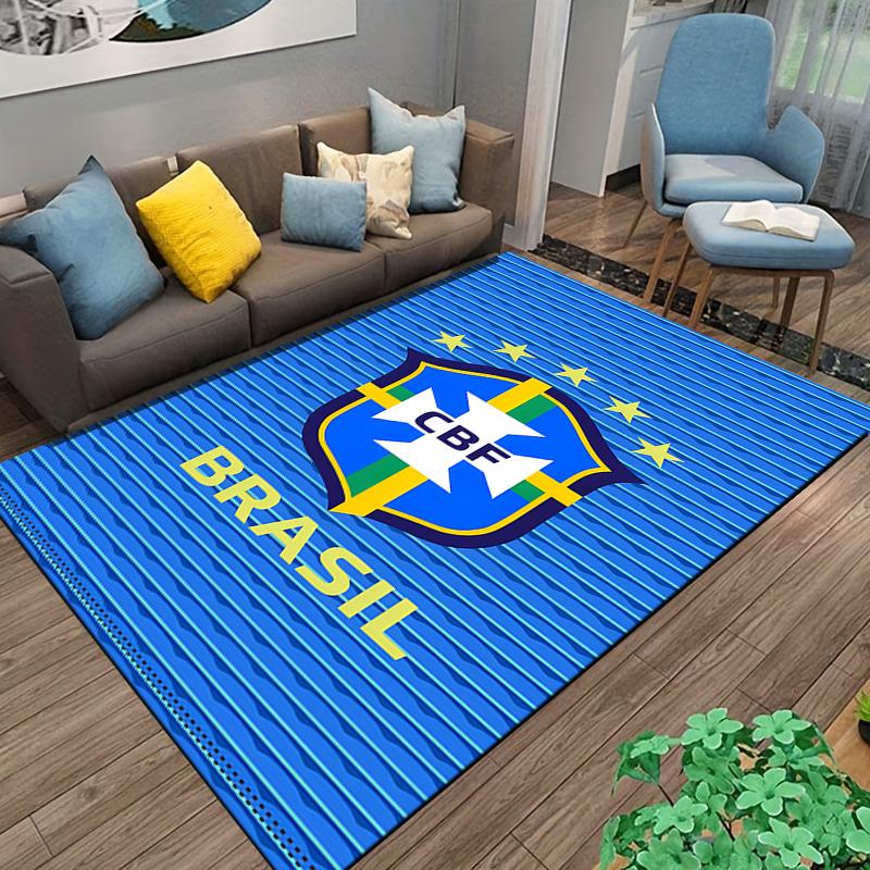 Blue Carpet with Brazil CBF Shield Design and Gold Stars Decor Suitable for use as an anti-slip for living room bedroom sofas