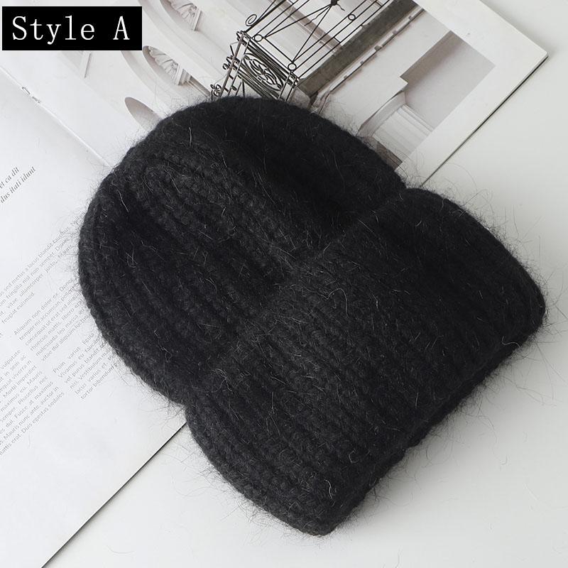 Konijnenbont Zachte Warme Beanie Muts Voor Vrouwen Wol Motorkap Dikke Gebreide Mooie Skullies Mutsen Ангорская вязаная шапка