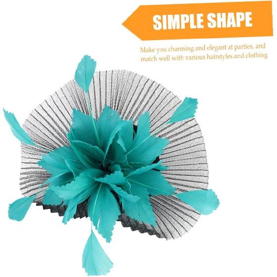 Baluue Decorative Hat for Women with Plume and Mesh Veil, Black and Lake Blue Wedding Tea Party Headpiece, Special Occasion Accessory