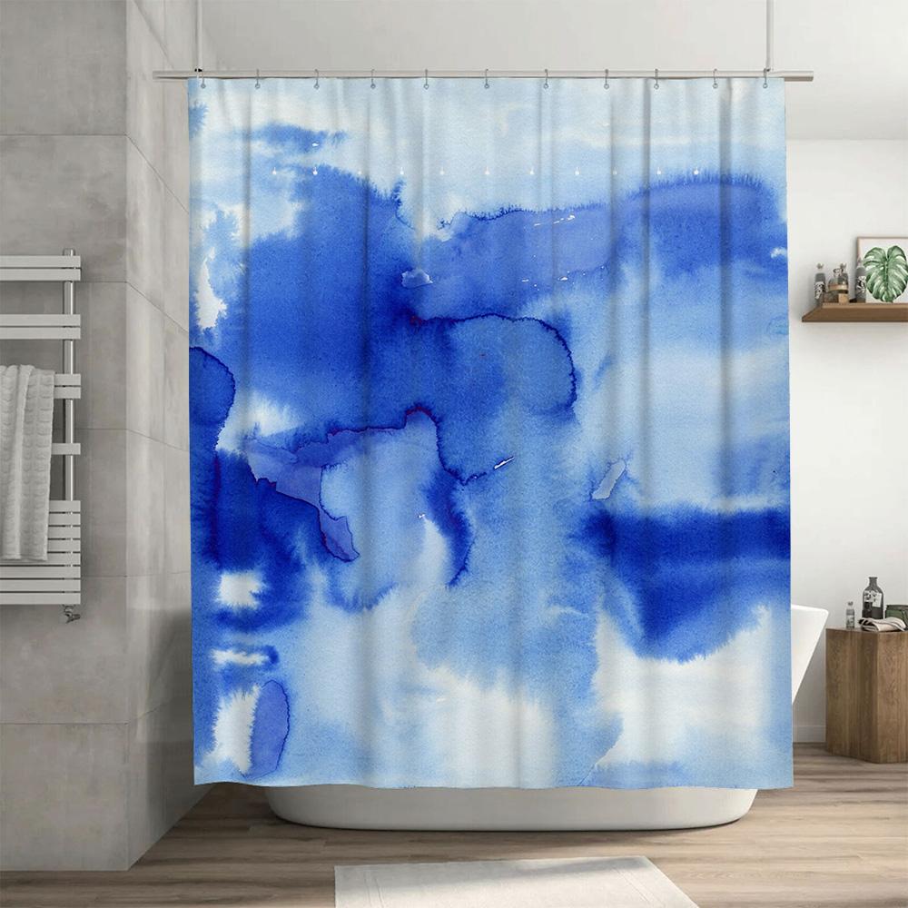 Watercolor Blue Bathtub Shower Curtain Waterproof Fabric for Bathroom Decor Home Decoration Size 69x70 Inches