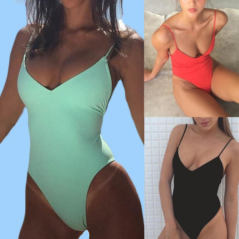 Women Solid Bikinis Sexy Bandage One Piece Backless Swimsuit Female Bathing Suits Bodysuit Beach Wear New Swim Suit Mono