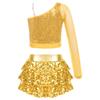 Kids Performance Costume Sequins Adorned One Shoulder Top with Wide Leg Shorts