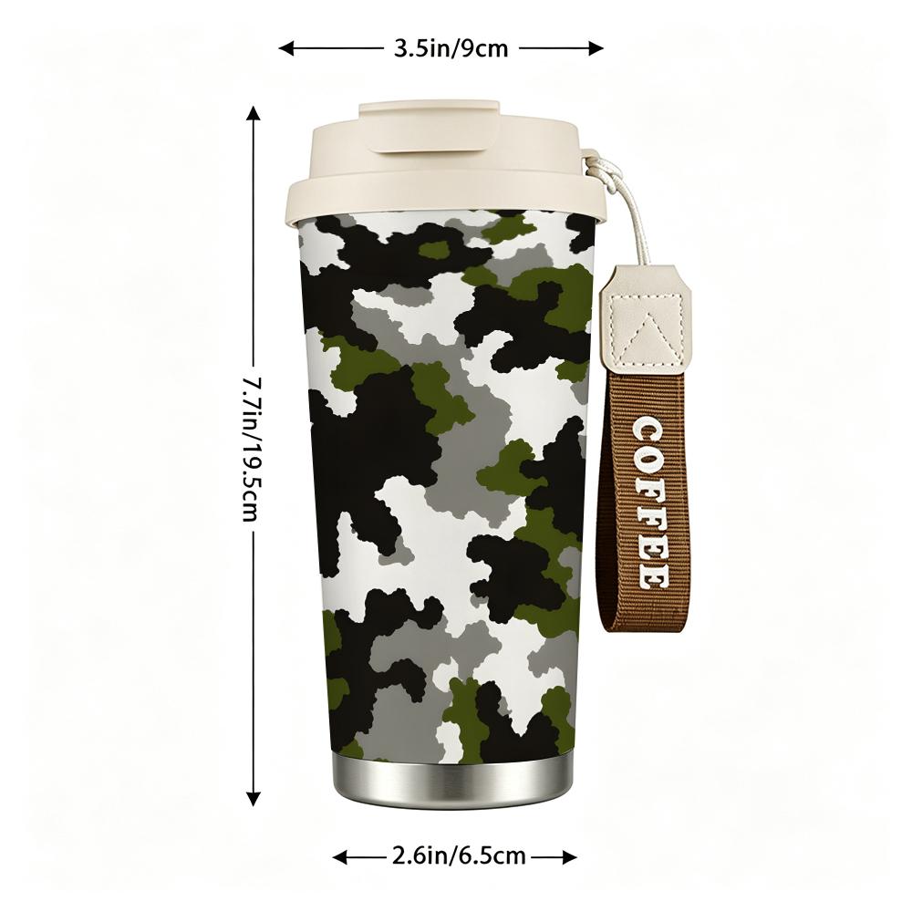 Camouflage Print Outdoor Travel Mug, Insulated Coffee Tumbler Walled Vacuum Thermal Cup, Leakproof Stainless Steel Flask for Camping Hiking